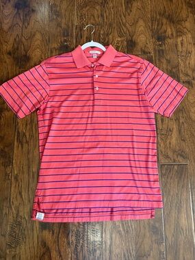 Peter Millar Men's Coral Pink Striped Polo Shirt, size medium